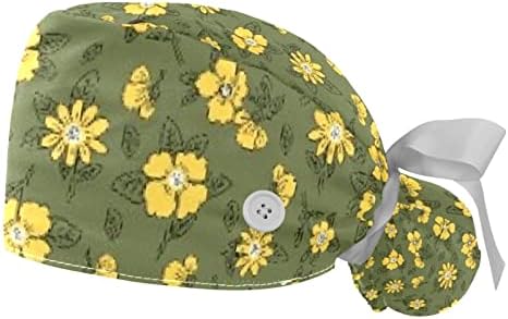 2 חתיכות כובע בופנט עם כיס קוקו כפתור, כובע כותנה כותנה רצועת זיעה, כובעי כירורגיה מתכווננים פרחים טריים