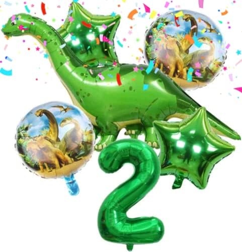 קישוטי מסיבת דינוזאורים של דיווולי סט - מספר 2 בבלון ירוק, בלוני דינוזאור, קישוטים ליום הולדת דינוזאור, קישוטים לדינוזאורים ארוכים בצוואר מסיבת יום הולדת שנייה, ציוד נייר בלונים ירוקים גדולים