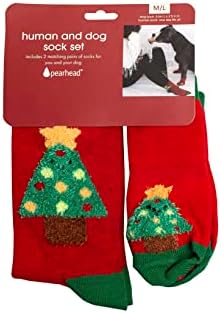 ביגוד אנושי וכלבים תואם של Pearhead, גרבי חג המולד המוגדרים לכלב ובעלים, גרבי כלבים של עץ חג המולד ירוק ואדום וגרבי מבוגרים