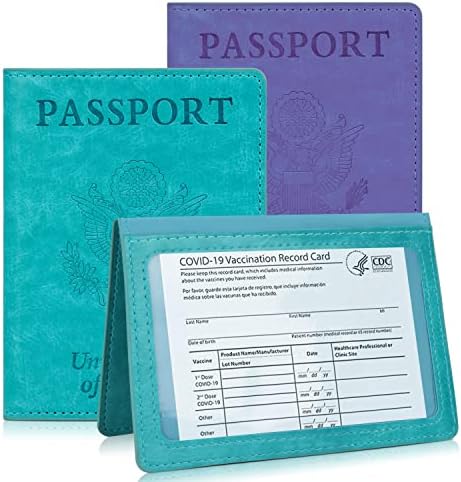 2 מארז דרכון וחיסון כרטיס מחזיק משולבת-דרכון מחזיק עם חיסון כרטיס חריץ עמיד למים, סינטטי עור דרכון מקרה מגן, אופנתי דרכון מחזיק עם 3 ד מובלט דפוסים, אולטרה דק דרכון מכסה עבור גברים ונשים