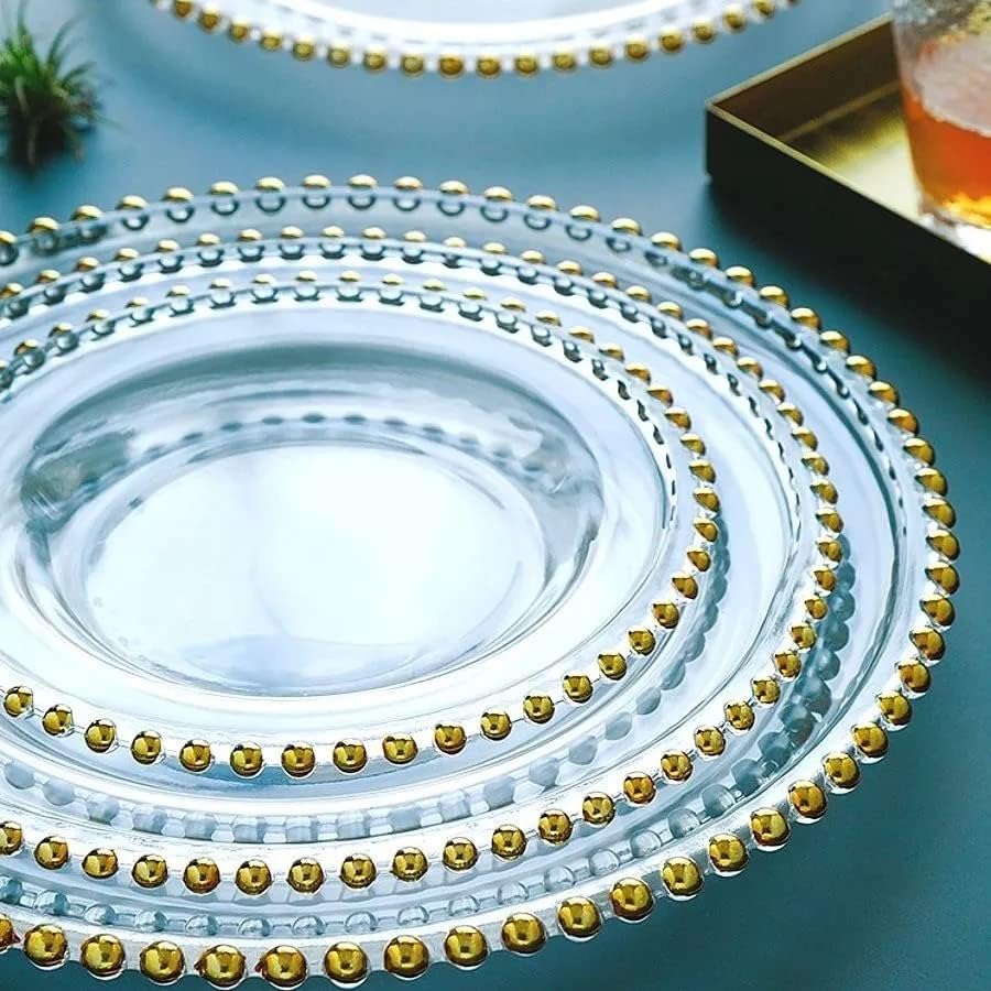 TREXD בסגנון אירופי סגנון חרוז זהב צלחות זכוכית ארוחת ערב סלט קערת פירות קשת חתונה צלחת ארוחת ערב משפחתית צלחת שולחן דקורטיבית