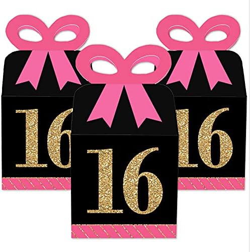 נקודה גדולה של אושר שיק שיק יום הולדת 16 - ורוד, שחור וזהב - קופסאות מתנה מרובעות - קופסאות קשת מסיבת יום הולדת - סט של 12