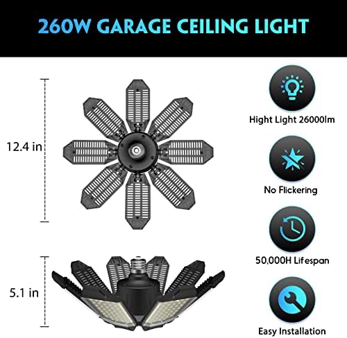 אור מוסך LED, 260W 26000LM 6500K עיוות LED מוסך תאורת תקרה עם 8+1 לוחות מתכווננים Commercial Bay Light עבור שקע בורג E26/E27, מרתף, אסם, סדנה, עליית גג