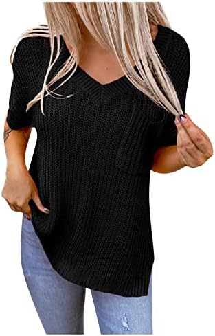 חולצות T לנשים אופנה מזדמנת של צווארון V-צווארון סרוג סוודר רופף סוודר שרוול קצר צמרות קטנות