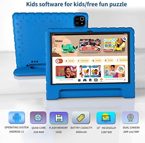 טאבלט JREN Kids, 10 מחשב טאבלט, IPS HD תצוגת 1280 x 800,1080p, זיכרון RAM 2GB ו- 32GB אחסון, Bluetooth, Wi-Fi, Kidoz המותקן מראש, מצלמות כפולות, צבע כחול צבע