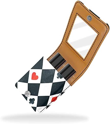 שפתון מקרה עם מראה חמוד נייד איפור תיק קוסמטי פאוץ, שחור לבן משחק כרטיסי דפוס