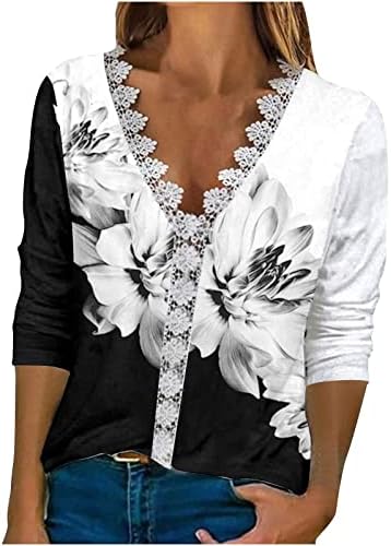 צמרות מזדמנים של נשים V צוואר סרוגה תחרה חולצת חולצת פרחים מודפסים 3/4 שרוולים חולצות 2023 חולצות לבושות קיץ