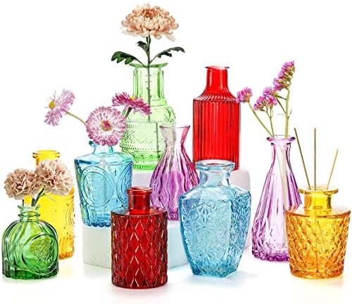 סט קולוך של 10 אגרטלי ניצן צבעוניים, אגרטלי פרחי זכוכית קטנים שונים מגוונים אגרטל פרחים מגולף וינטג