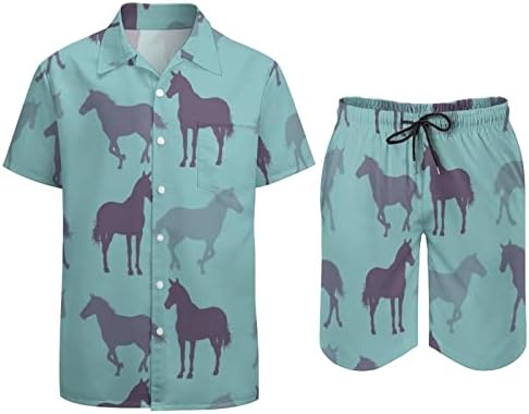 תקציר דפוס סוס גברים בהוואי הגברים חולצות שרוול קצר ומכנסיים תלבושות חוף קיץ רופפות אימונית מתאימה