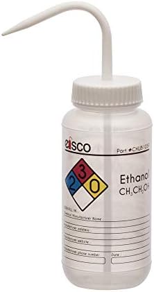 בקבוק שטיפה של אייסקו לאתנול, 1000 מיליליטר - מסומן עם מידע כימי ובטיחות מקודד בצבע-פה רחב, אוורור עצמי, מעבדות פלסטיק בעלות ביצועים פוליאתילן בצפיפות נמוכה