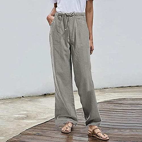 מכנסי פשתן של Dsodan לנשים מכנסי מטען רופפים מזדמנים עם כיס בתוספת גודל גודל גודל רגל רחבה מכנס צבע אחיד
