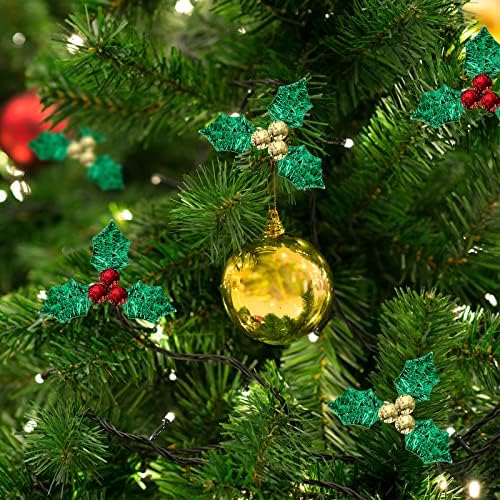 600 יח 'חג המולד מלאכותי הולי פירות יער עם עלים ירוקים זהב אדום אדום הולי ברי חג המולד קישוטים למלאכה תגיות מתנה לכרטיס DIY מלאכת עוגות עוגות עיצוב זר עיצוב חתונה, אדום וזהב