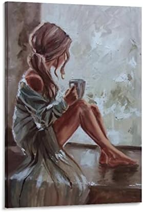 חדר אסתטיקה פוסטר סקסי פוסטר ציור של ילדה יושב על מרפסת שתיית קפה בד הדפסי תמונות לסלון חדר שינה דקור 24 * 36 אינץ מסגרת-סגנון