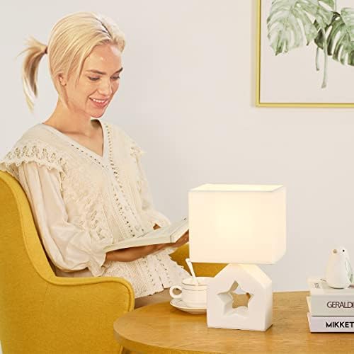 Lampwell Vera מנורת שולחן קטנה לסלון כמו מנורת שולחן ליד המיטה לחדר שינה, מנורת שולחן קרמיקה מודרנית, מנורת שולחן לילדים, מנורת שולחן לילה, 6.69 × 4.72 × H9.15in, נורה לא נכללת, מנורת שולחן לבנה