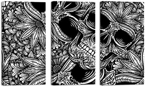 אמנות קיר לסלון, גולגולת פרחים פרחים שחור -לבן דפוס ציור שמן דקורטיבי ממוסגר סט יצירות אמנות מודרניות דקורטיביות מוכנות לתלות 20 x40