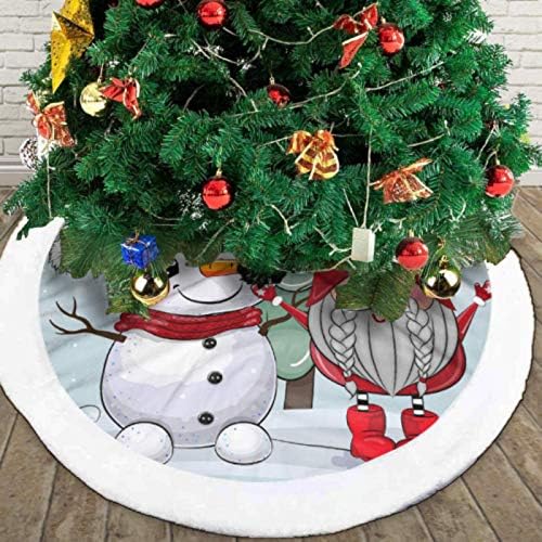 חצאית עץ חג המולד של HHL 48 שכבות כפולות יוקרתיות חצאית עץ רכה קישוט מסיבת חג חג המולד, גנום מצויר ואיש שלג ליד עץ חג המולד