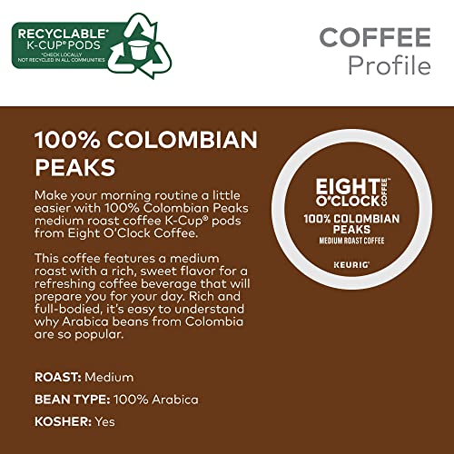 קפה בשעה שמונה פסגות קולומביאניות מגישים יחיד תרמילי כוס קיוריג, תרמילי קפה צלויים בינוניים, 32 ספירה