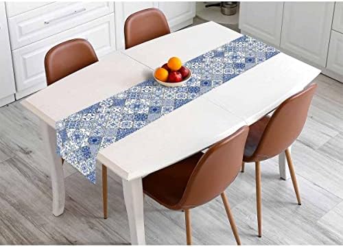 רץ שולחן Hosnye אריחי טלאים לבנים כחולים בסגנון ספרדי, קישוט שולחן פשתן כותנה קישוט למטבח שולחן ארוחת ערב משפחתית שולחן חווה חווה סגנון 13 x 72 אינץ '