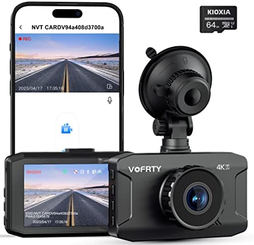 קדמת מצלמת מקף 4K עם WiFi 2160p, מצלמת מקף vofrty למכוניות עם IPs 3 אינץ ', מצלמת רכב עם בקרת אפליקציות, Dainkcam עם חיישן G, הקלטת לולאה, כרטיס SD 64GB, מיני USB, אין צורך בחומרה נוספת