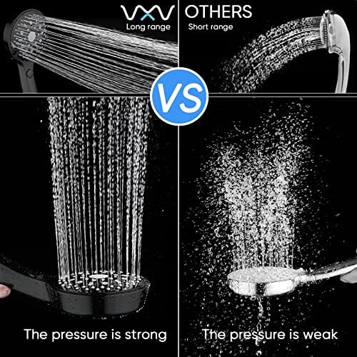 VXV ראש מקלחת כף יד בלחץ גבוה, 12 הגדרות ריסוס ראשי מקלחת בעבודת יד עם מצב חיסכון במים, סט מקלחת זרימה בגודל 4.85 אינץ 'עם צינור מורחב של 6 רגל וסוגר זווית מתכווננת, שחור מט