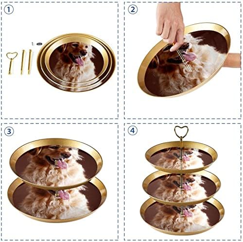 עמדת עוגות סט 3 דוכני קאפקייקס שכבה פלטת מאפה לשימוש חוזר לקישוטים למסיבות תה ליום הולדת, רטריבר מוזהב של בעלי חיים