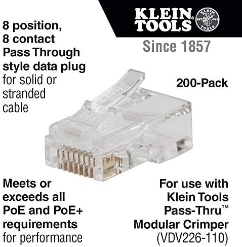 Klein Tools VDV226-110 מחגר כבל מודולרי פשע/חשפנית חוט/חותך תיל & VDV826-763 תקעי נתונים מודולריים PASS-THRU עבור RJ45 ו- CAT6, עוברים דרך מחברים מודולריים 200 חבילות