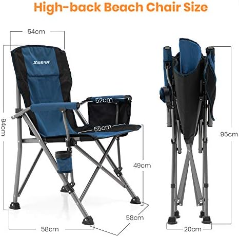 כיסא קמפינג XGEAR עם משענת יד קשה מרופדת, כיסא מחנה מתקפל יציב עם מחזיק כוס, כיסי אחסון תיק נשיאה כלול, תמיכה ב -400 קילוגרמים