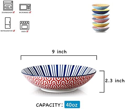 סלמיקה פורצלן 40 עוז גדול קערות 9 אינץ גדול פסטה סלט קערות, מיקרוגל ותנור בטוח, מגוון צבעים, סט של 6