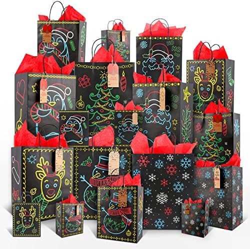 גיפו חג המולד זוהר בחושך מתנת תיק 36 יחידות כולל 18 נייר שחור קראפט שקיות & מגבר; 18 אדום גלישת ניירות ותגי מתנה, 6 סגנונות 3 גדלים לשימוש חוזר חג מסיבת מתנת שקיות בתפזורת עם ידיות