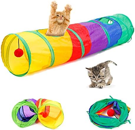 מנהרת חתול עם כדור משחק, מנהרת קשת מתקפלת לחתול מקורה, צעצוע צינור חתול מצנח חתול אינטראקטיבי עם כדור מהנה ו -2 חור הצצה, לגורי גורים ארנבות וחיות מחמד קטנות אחרות