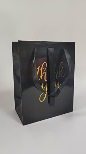 שקיות מתנה של אטלוס 6 פאק שחור מבריק בגודל בינוני עם ידיות סרט יוקרה ועניבה. נייר כסף זהות תודה על חתונה, יום הולדת, מקלחת לתינוקות, מסיבה, הלוויות. אורך 9 אינץ 'x 7 אינץ' רוחב