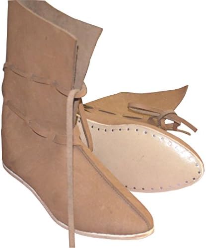 נעלי עור מימי הביניים של Allbestuff מגפי רנסנס חומים ארוכים עם שרוכי עור ABS