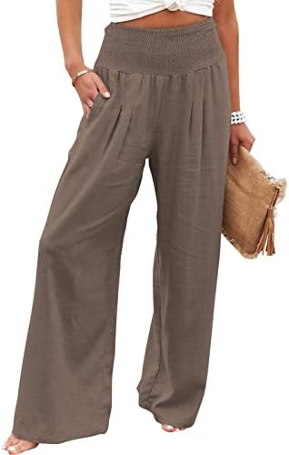 מכנסי פשתן Handyulong לנשים, נשים בקיץ מותן גבוה פשתן פשתן מכנסיים מכנסיים רחבים של מכנסי טרקלין ארוכים