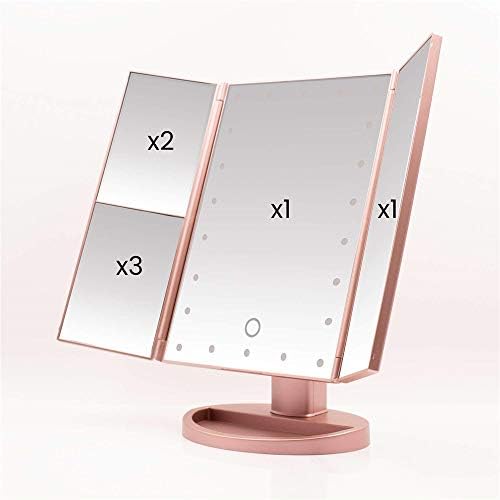 שולחן מראת איפור מואר משולש מראת איפור 3/2/1 הגדלה ניתן לעמעום מסך מגע סיבוב שולחן מראה קוסמטית בחדר האמבטיה אור מילוי לשימוש יומיומי אורות מראת איפור פורטה