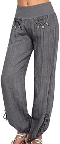 מכנסי פשתן של Lcziwo לנשים בתוספת גודל גודל מכה מכנסיים מותניים גבוהים רגל רחבה רופפת מכנסי פאלאצו ארוכים עם כיס