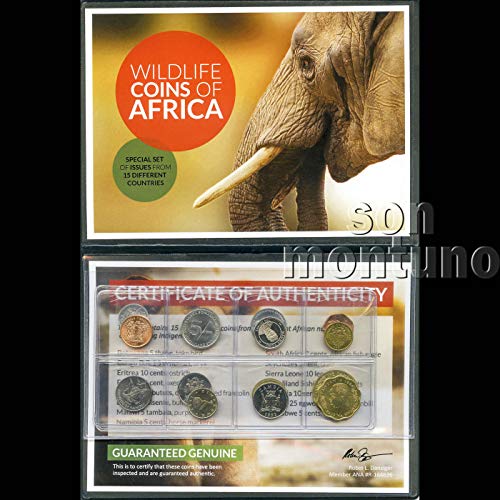 מטבעות חיות בר של אפריקה - אוסף של 15 מטבעות מכרזים חוקיים לא מחוללים מ -15 מדינות אפריקה שונות - כולם מציגים תמונות של חיות הבר הילידיות שלהם - מגיע בתיקיה יפה עם תעודת רשימת אותנטיות ומזהות - סט נהדר
