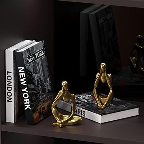 סט טיזודה של 5 חלקים מעצבים ספרים דקורטיביים לעיצוב הבית ופסלונים מבטאים לעיצוב זהב, 3 ספרי פו לעיצוב מדף ספרים / 2 פסלי מבטאי עיצוב מדף זהב, ערכת תפאורה מודרנית מסוגננת
