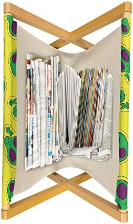 Ambesonne Alien Trippy Magazine ומחזיק הספרים, רטרו שנות ה -90 בסגנון דפוס מצחיק של חלל עבם יצור גלקטי, עיצוב מתלה רצפה לפנים הבית והמשרד, 22 x 19, סגול ירוק וצהוב