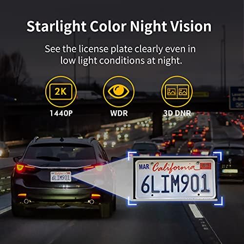 Kawa Dash Cam 2k + ערכת Chardwire Cam Cam, מצלמת 360 Dash למכוניות 1440p עם ראיית לילה של Starlight Color, שליטה קולית, הקלטת חירום, חיישן תלת מימד מובנה, עיצוב נסתר, צג חניה 24 שעות