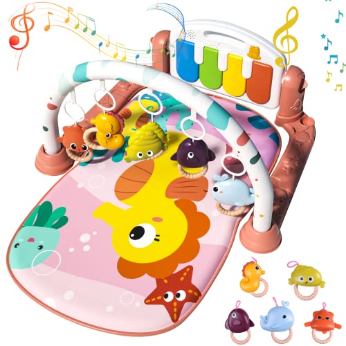 DoubleVillages Baby Play מחצלות כושר, חדר כושר מצחיק של פסנתר פסנתר עם מוזיקה ואורות, מכוני כושר לתינוקות השמיעו מחצלות לחקירה חושית ופיתוח מיומנות מוטורית, מרכז פעילות מוזיקלית לתינוקות פעוטות