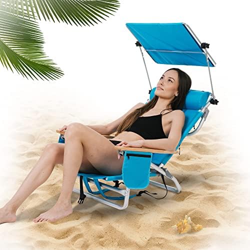 PICICICK AKTIVETING מנוחה מתקפלת כיסא חוף תרמיל, אלומיניום 5 עמדות מבודדות שטוחות, כיסא קמפינג עם משענת ראש וצל שמש מתקפל, אחסון בר מגבות, כיס קריר יותר