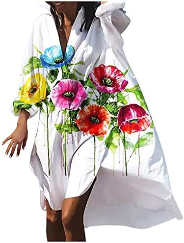 שמלות נשים נשות קיץ מזדמנים דפיסת שמלת צווארון V הדפס שרוול ארוך חולצה לא סדירה בתוספת חצאית חוף בגודל ארוך ארוך