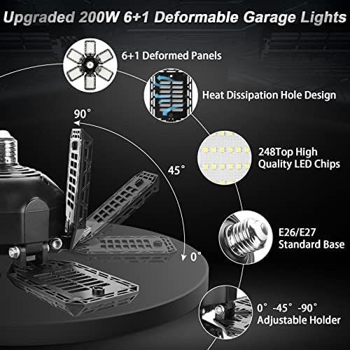 4 אור אריזה אור מוסך, 200 וולט אור חנות LED, E26/E27 אורות מוסך אורות מוסך מוארים סופר מעוותים מוסך תקרת תקרת תקרת 6+1 לוחות מתכווננים תאורת מוסך, אור מפרץ, אור עליית גג, אור מרתף