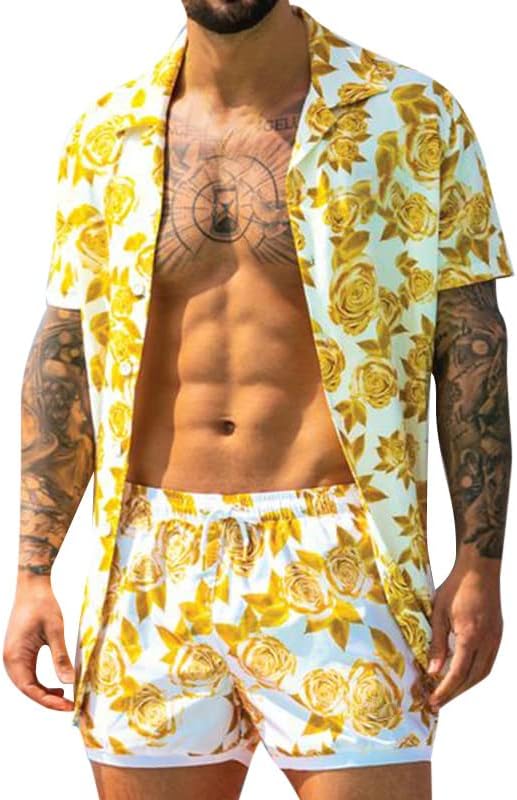 2023 גברים חדשים סט קיץ סט אופנה אוריינטציה פנאי חליפה מודפסת כפתור הוואי חוף חוף קצר חליפה רזה