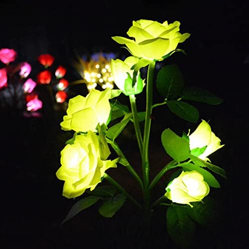 מתפוצץ פרחי ורד סולארי אורות כתם, אורות עמיד למים פרחי ורד קישוטי חצר אורות עם 6 פרחים צהובים, אורות גן סולאריים דקורטיביים לגינה, חצר, פטיו, אגרטל חמור
