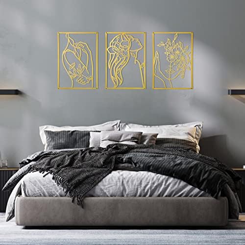 אגיוטה 3 יחידות זהב קיר תפאורה מעל מיטת מינימליסטי קיר אמנות לסלון מתכת קו אמנות-נקבה גוף, זהב חדר תפאורה חדר שינה מודרני קיר אמנות עבור מקורה 15 אינץ